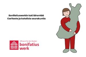 Kuvassa on Bonifatiuswerkin logo ja Suomen muotoista kuvaa pitelevä hahmo.